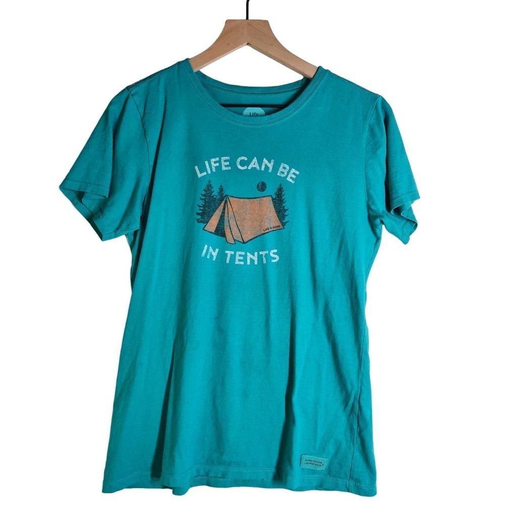 Life Is Good Crusher Short Sleeve Tee Women's M Crew Neck In Tents Teal‎ Green